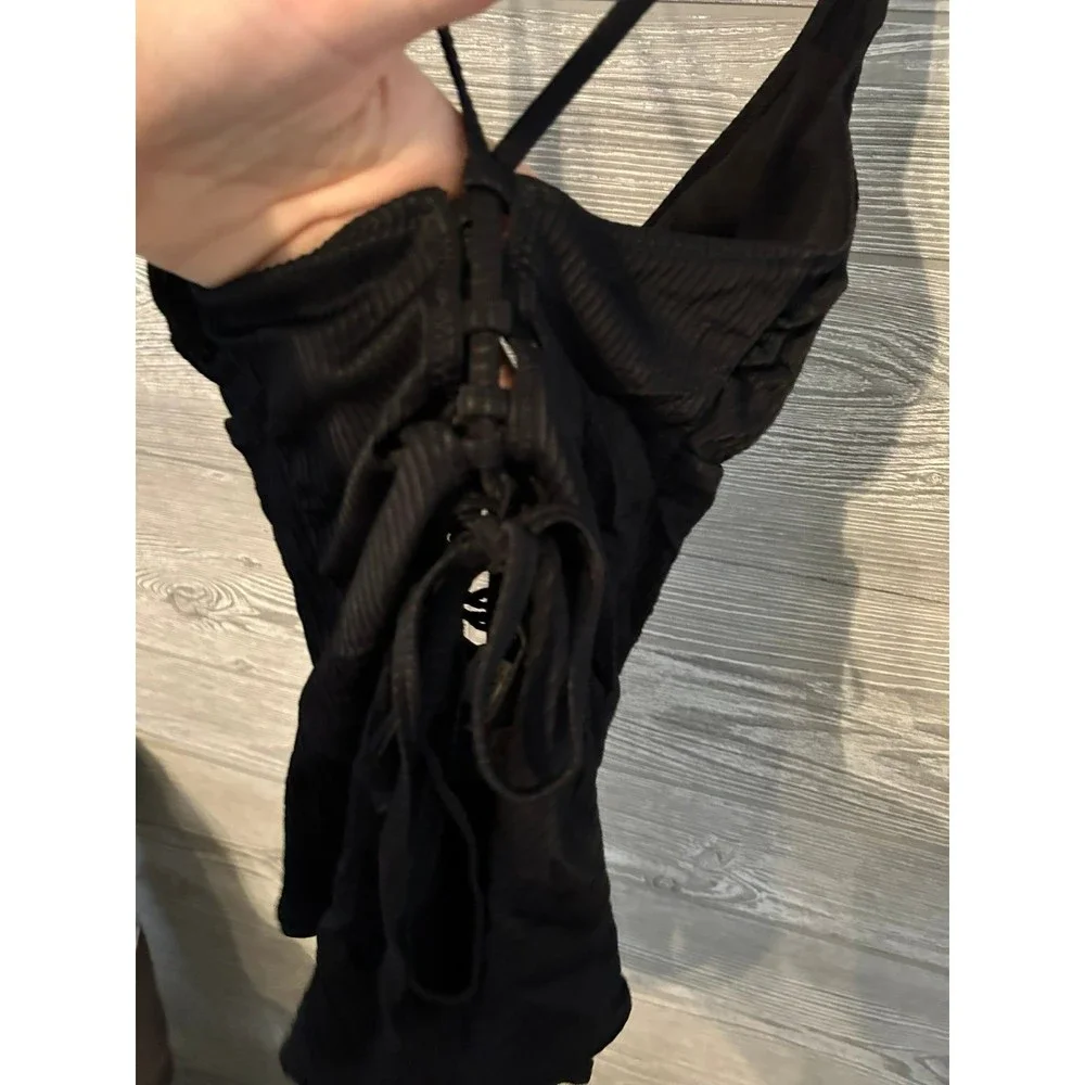 TINIBIKINI Black Ribbed Lace Up Plunge One Piece Swimsuit Women's S‎